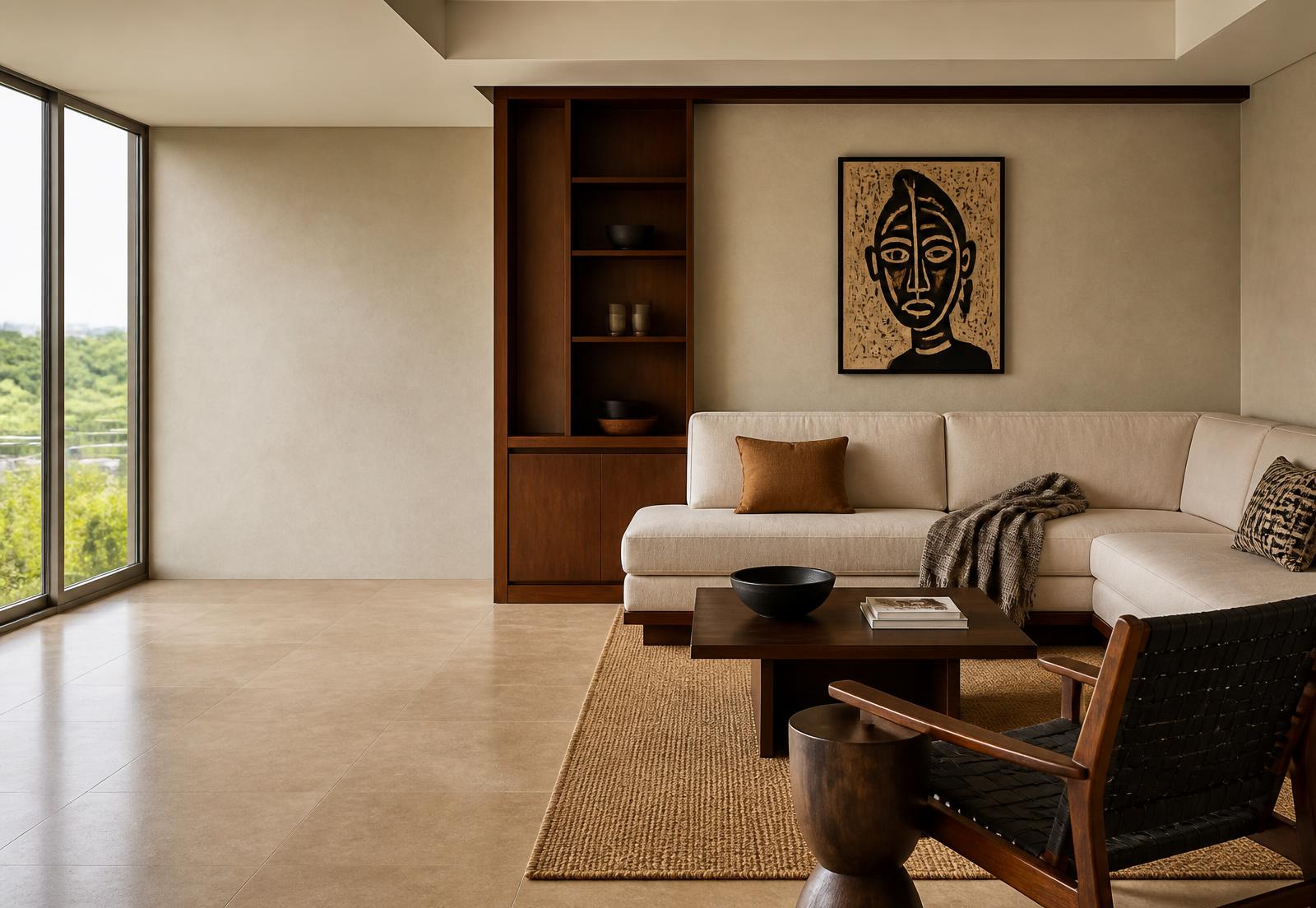 Contemporary Nairobi living room with natural stone, timber and crafted furnishings